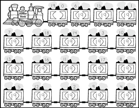 Free math printables. Number Bonds of 19 colouring worksheet.