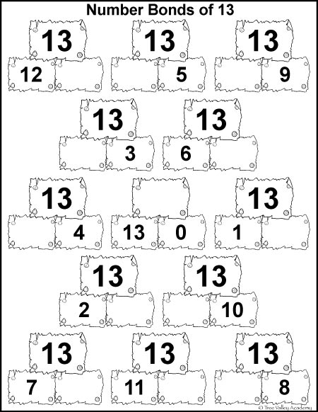 Free math printable, number bonds of 13.