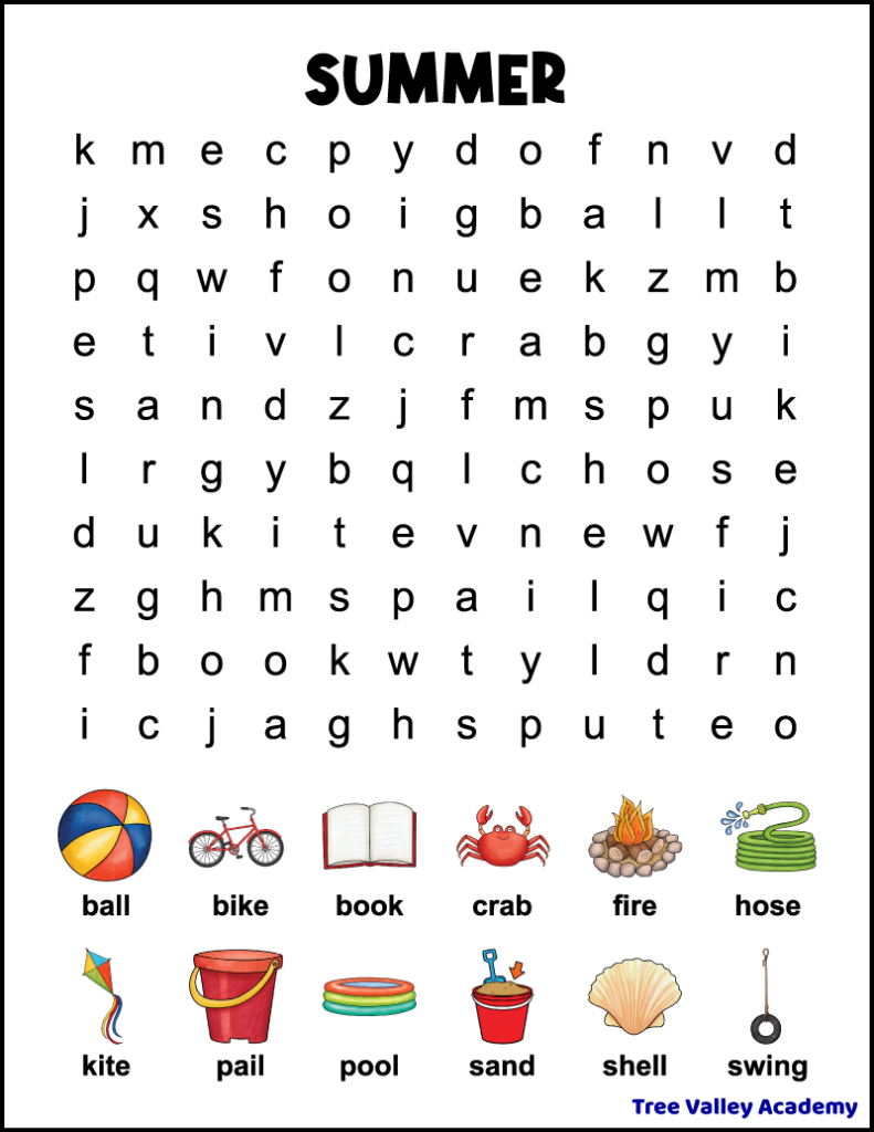 A printable summer word search for kids. The easy word find has 12 hidden words in a 10X12 grid of lowercase letters. Each of the words to find has an image showing what the word is.