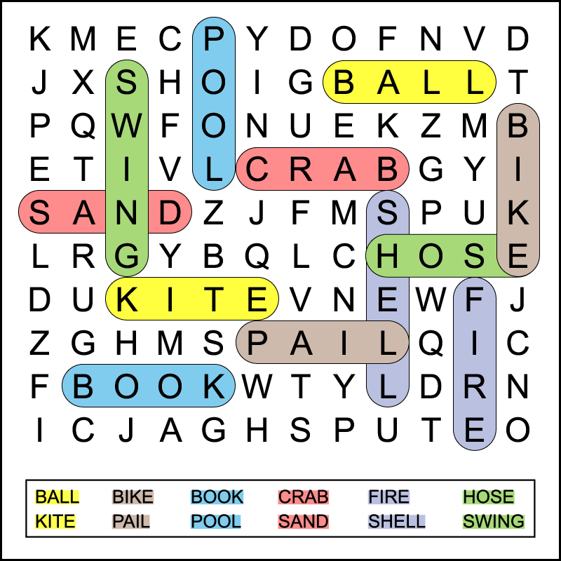 A color coded 1st grade summer word search answer key. The printable word search for kids has 12 hidden words in a 10 X 12 grid of large print letters.