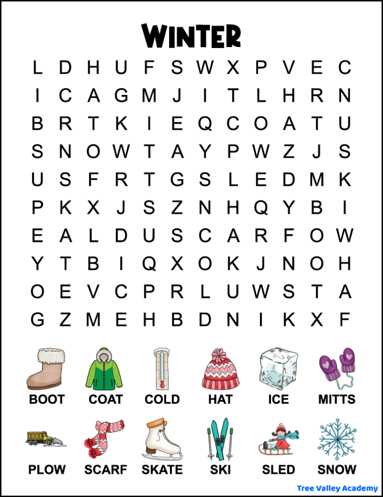 A printable 1st grade winter word search for kids. The easy word search has 12 winter words hidden in a 10 X 12 grid of uppercase large print letters. The winter words to find are: boot, coat, cold, hat, ice, mitts, plow, scarf, skate, ski, sled, and snow. There are small images in color, above each word to find.