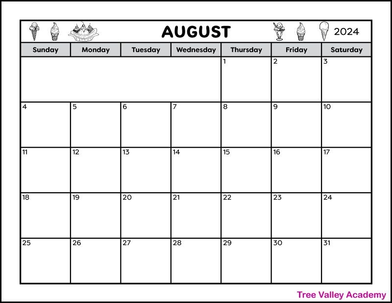 A full page black and white printable calendar for the month of August 2024. 6 ice cream cones including a banana split decorate the top area with the month and year. The blank calendar has 2 spaces to write notes. The page is landscape orientation.