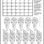 Black and white printable calendar worksheet for the month of August 2023. There are 11 ice cream cones: 5 with one scoop and 6 with 2 scoops and a cherry. Each scoop of ice cream has a calendar question for kids written inside. It's a coloring worksheet where kids can color the ice cream scoops and cones of questions they've answered. The printable worksheet also has a calendar for the month of August 2023.
