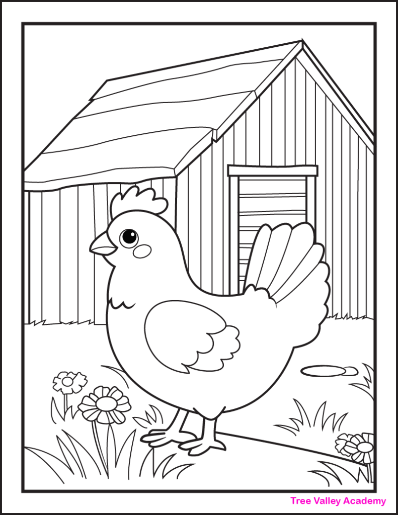 A printable chicken on a farm coloring page for kids. The chicken is standing in front of a barn, in an area with grass, and flowers.