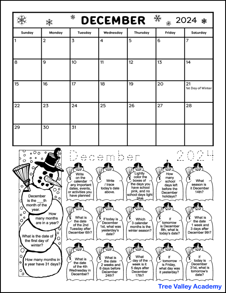 A snowman and winter themed printable December calendar worksheet. This math coloring worksheet is for grade 2 students, but there's also a worksheet for 1st grade students. There's a calendar for the month of December and 19 calendar questions written in the images of snowmen. Kids can color the images as they answer each question.
