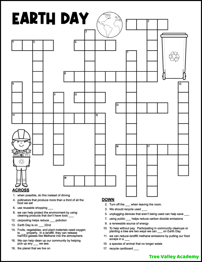 A black and white printable Earth Day crossword puzzle for upper elementary students around 5th grade. The puzzle has 8 clues down and 8 clues across. The printable Earth Day word puzzle is decorated with images of a recycling bin, the Earth, and a girl carrying a recycling bin. The images can be colored.