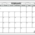 A full page printable February 2024 calendar. The black and white page calendar has cute heart decorative images. And there are 2 spaces for writing notes. The blank February 2024 calendar is landscape orientation on letter sized paper.
