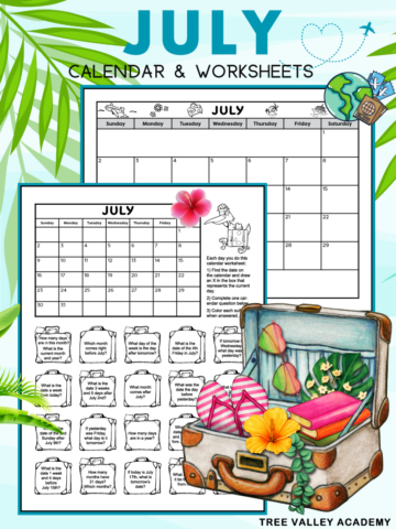 Black and white full page printable July calendar and printable calendar worksheets for grades 1 & 2. Each worksheet has a July calendar and 20 suitcases with a calendar question written inside each suitcase. Kids color each bag as they answer its question. The calendar has a vacation theme and has small images of a plane, flowers, luggage, a tropical island, and a cruise ship.
