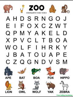 Printable zoo word search for preschoolers and kindergarten. 10 hidden animal words in a 7 X 9 grid of large print uppercase letters. The words to find are ape, bat, boa, fox, hippo, lion, owl, wolf, yak, and zebra. There's a picture showing each word, and other animal pictures decorate the puzzle.