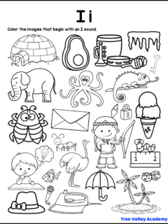 A printable letter I beginning sound alphabet worksheet for kindergarten. The black and white coloring worksheet has 24 images to sound out. There are 11 pictures for kids to color: 6 that begin with a short I vowel sound and 5 with a long I sound.