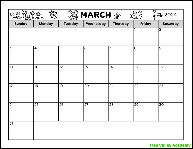 A black and white printable calendar for the month of March 2024. The full page blank monthly calendar prints on a letter-sized landscape orientation paper. There are 2 spots to write notes. The header is decorated with spring images: flowers, a worm, a ladybug, a bee, a dragonfly, and a bird.