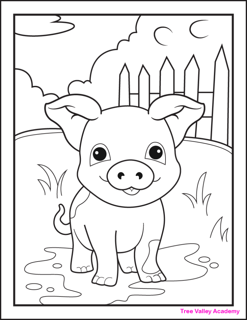 A printable muddy pig coloring page for kids. The cute pig is standing in a mud puddle. There's also grass, a fence, bushes and trees and a sky to color.
