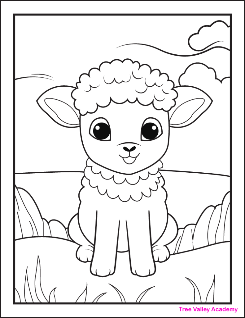 A printable lamb coloring page for kids. The cute baby sheep is standing on grass.