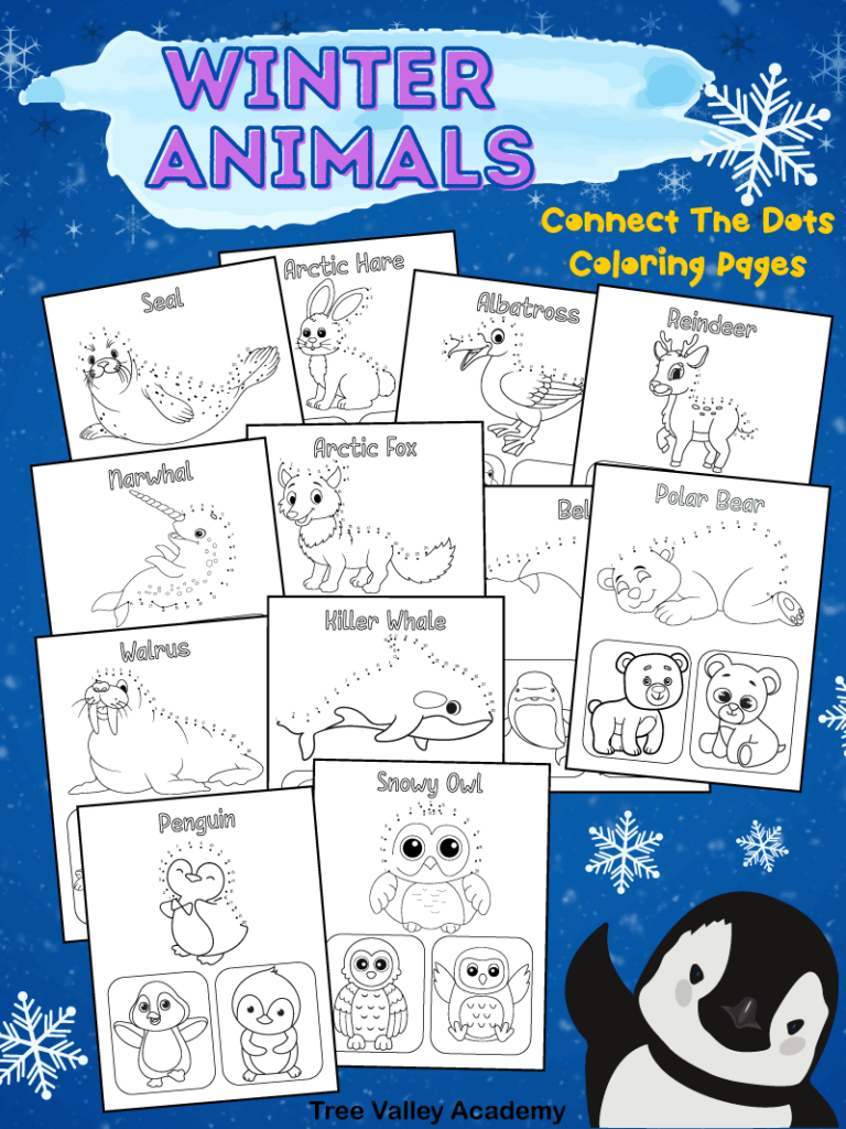 12 printable pages of winter animals connect the dots coloring pages.  Each coloring sheet has 3 images of a winter animal to color.  The biggest image kids will need to complete by connecting the dots.  There's a winter coloring page of a penguin, snowy owl, polar bear, beluga, killer whale, walrus, arctic fox, narwhal, reindeer, albatross, arctic hare, and a seal.