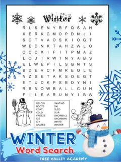 A black and white printable easy winter word search for kids around 7 to 9 years old. There are 16 winter words hidden in a 12 X 12 grid of letters. The word puzzle is decorated with winter pictures kids can color. There is an image of a snowman and a boy playing outside with snowballs.