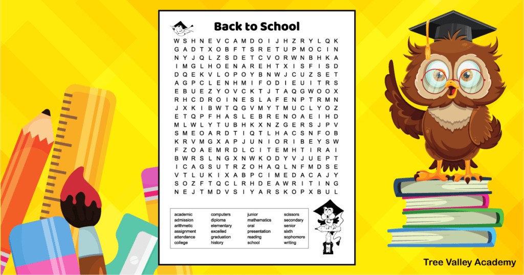 A black and white printable back to school word search with 24 hidden words in a 19X20 grid of letters. The word puzzle is decorated with images of an owl wearing a graduation hat.