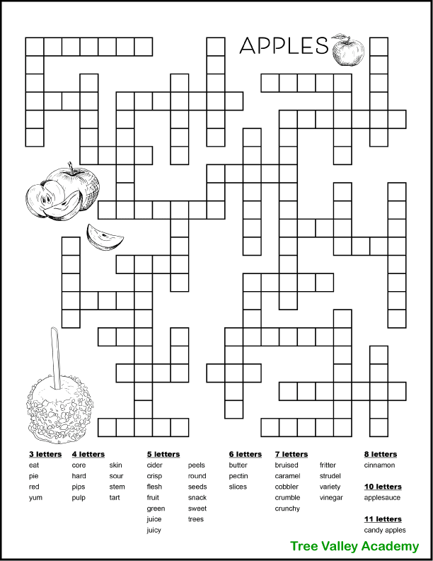 A free printable apple themed fill in puzzle for kids with 40 words for kids to fit in the puzzle. Vocabulary includes parts of an apple, and lots of yummy apple deserts. A fun way for kids to improve spelling of apple themed words and learn new vocabulary. Words are between 3 and 11 letters long. Includes images to color and makes a fun fall activity. Perfect for 4th grade-6th grade. Pdf includes answer page.