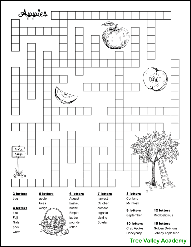 A free printable apple themed fill in puzzle for kids. The 30 words of this word puzzle, are vocabulary that would be used when picking apples at an apple orchard. There are 3 letter words all the way to 15 letter words. Level of difficulty is perfect for 4th graders to 6th graders. A fun fall coloring worksheet. Pdf with answers.
