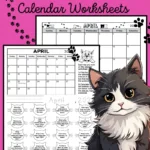 Black and white printable 1st and 2nd grade April calendar worksheet for kids and cute cat themed April calendar. The calendar worksheet has a calendar of the month and 20 calendar questions written in a cat face shape. It's a coloring worksheet where kids can color the cats of questions they've answered. There are also spots for kids to write and trace the current date.