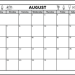 A full page black and white printable calendar for the month of August 2023. 6 ice cream cones including a banana split decorate the top area with the month and year. The blank calendar has 2 spaces to write notes. The page is landscape orientation.