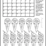 Black and white printable calendar worksheet for the month of August 2023. There are 11 ice cream cones: 5 with one scoop and 6 with 2 scoops and a cherry. Each scoop of ice cream has a calendar question for kids written inside. It's a coloring worksheet where kids can color the ice cream scoops and cones of questions they've answered. The printable worksheet also has a calendar for the month of August 2023.