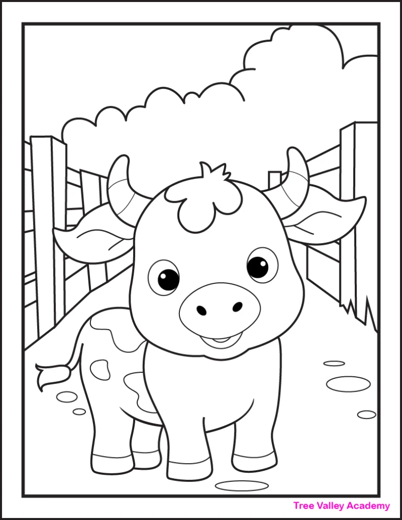 A printable baby cow coloring page for kids to color. The cartoon baby calf is standing in a dirt path in the middle of fenced in areas.