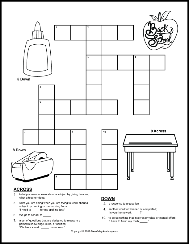Free printable back to school crossword puzzle for kids. Fun way for kids to work on vocabulary and spelling of back to school themed words at a grade 2 spelling level.