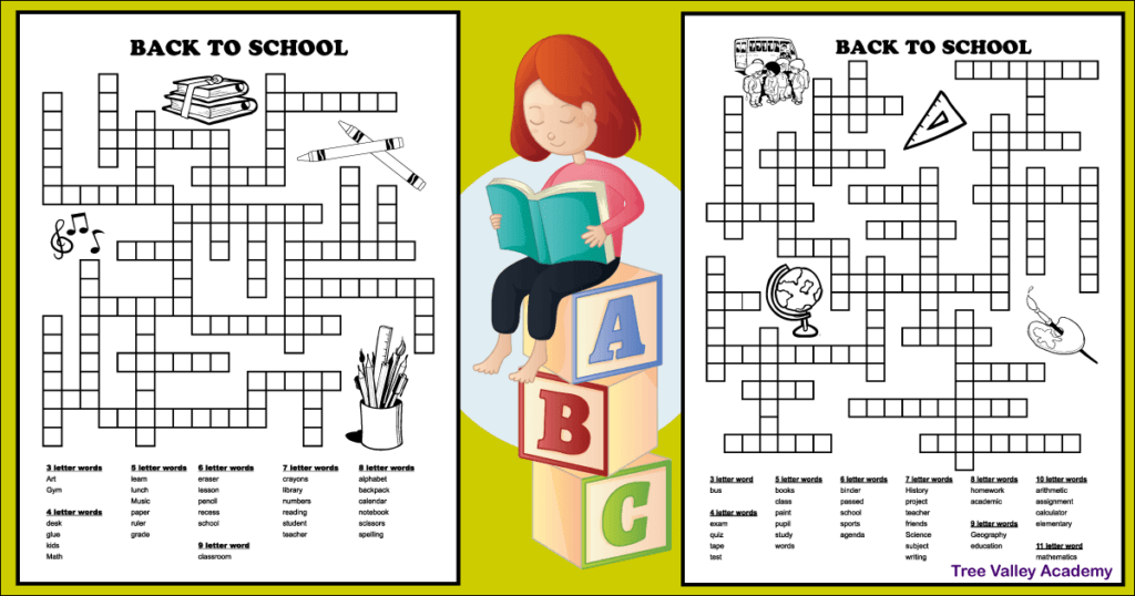 Two free printable back to school fill in puzzles for kids. The black and white printables are decorated with images kids can color. The images are books, crayons, a globe, school bus, ruler, paint, music notes, etc.