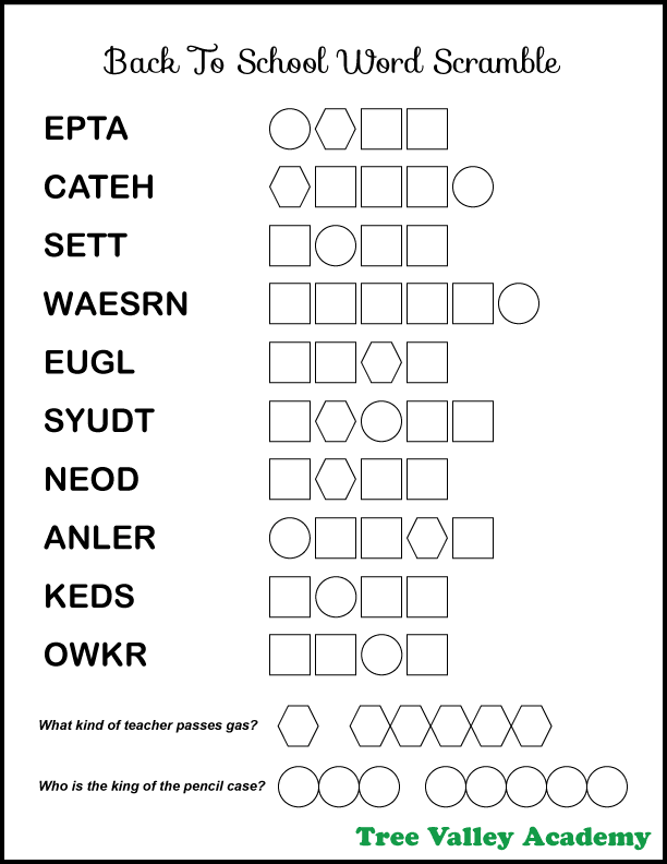 Easy back to school word scramble printable with answers. There's 10 jumbled school words for elementary aged kids to unscramble. The words are between 4 and 6 letters long and are 2nd grade spelling words. When all the words are unscrambled, the letters in circles and hexagons will reveal a mystery message. The message is the answer to two back to school jokes.