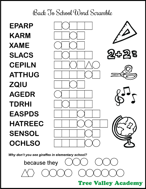 Free printable back to school word scramble printable with answers. There's 13 jumbled school words. The words are between 4 and 7 letters long and are 3rd grade spelling words. When all the words are unscrambled, the letters in circles, triangles and hexagons will reveal the answer to a back to school joke. Black and white printable has 4 small images that kids can color if they wish.