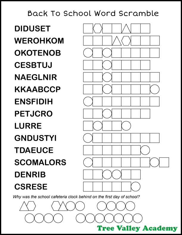 Free printable back to school word scramble printable with answers. There's 14 jumbled school words for upper elementary kids or older to unscramble. The words are between 5 and 9 letters long and are 4th grade spelling words. When all the words are unscrambled, the letters in circles, triangles and hexagons will reveal the answer to a back to school joke.