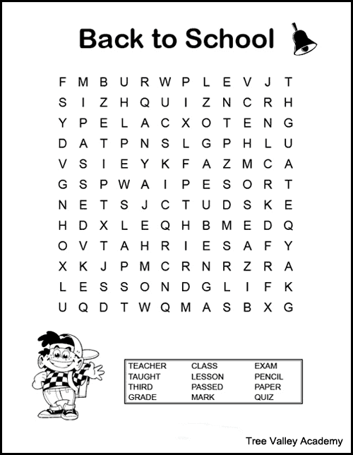 Free printable back to school word search puzzle for kids beginning grade 3. 12 hidden 3rd grade spelling words hidden in a 12 X 12 grid of large print letters. Free printable black and white pdf with answers.