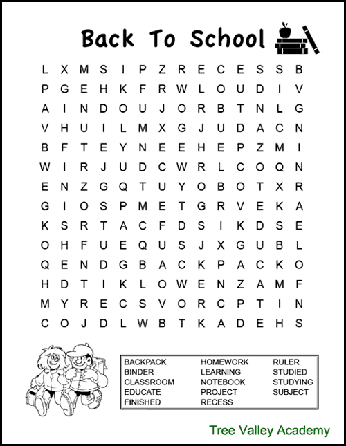 Free printable back to school word search puzzle for kids starting 4th grade. 14 hidden grade 4 spelling words hidden in a 14 X 14 grid of large print letters. Free printable black and white pdf with answers.