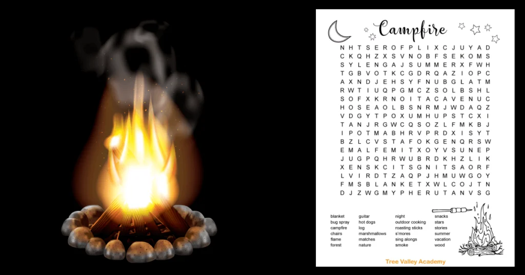 Free printable campfire camping word search for kids. There are 24 hidden campfire words for kids to find and circle in an 18 X 18 grid of letters. The one page black and white printable puzzle has a picture of a crescent moon and some stars and a bonfire with marshmallow's being roasted on a stick. Kids can color the images if they wish.