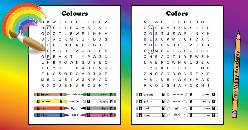 Free printable color word search best for early elementary students. 12 hidden color words for kids to find and circle. It doesn't matter if you spell it color or colour there's 2 versions of the puzzle, each with one of the spellings. The words are at a 2nd grade spelling level. Pdf includes answer page.