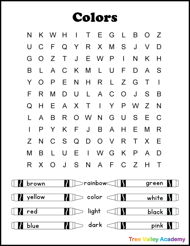 Free printable color word search best for early elementary students. 12 hidden color words for kids to find and circle. It doesn't matter if you spell it color or colour there's 2 versions of the puzzle, each with one of the spellings. The words are at a 2nd grade spelling level. Pdf includes answer page.