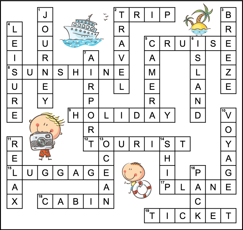 A cruise vacation crossword puzzle answer key. The answers down are journey, travel, breeze, leisure, camera, island, airport, voyage, ocean, relax, ship, and pack. The words across are trip, cruise, sunshine, holiday, tourist, luggage, cabin, plane, and ticket.