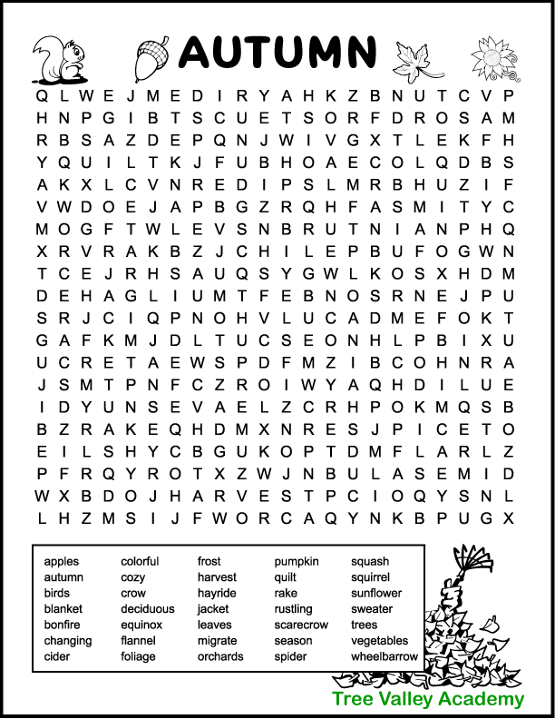Free printable fall word search with 35 hidden autumn themed words to find. The printable activity has some images to color if desired: a squirrel, acorn, leaf, sunflower, and a pile of leaves with a rake. Difficulty level is hard with 20 X 22 letter grid. The puzzle has words like: deciduous, foliage, equinox, rustling, migrate, bonfire, spider, etc.