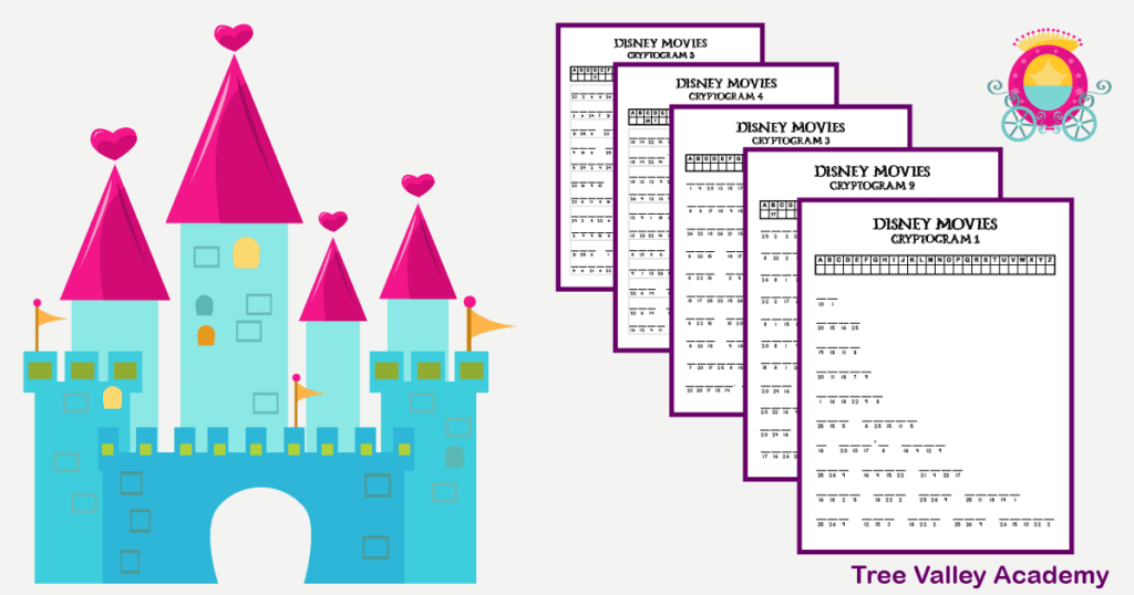 5 free printable easy beginner level cryptogram puzzles for kids 4th grade and older. Each printable puzzle has between 7 and 16 encrypted well known Disney movie titles to solve. Pdf with answers.
