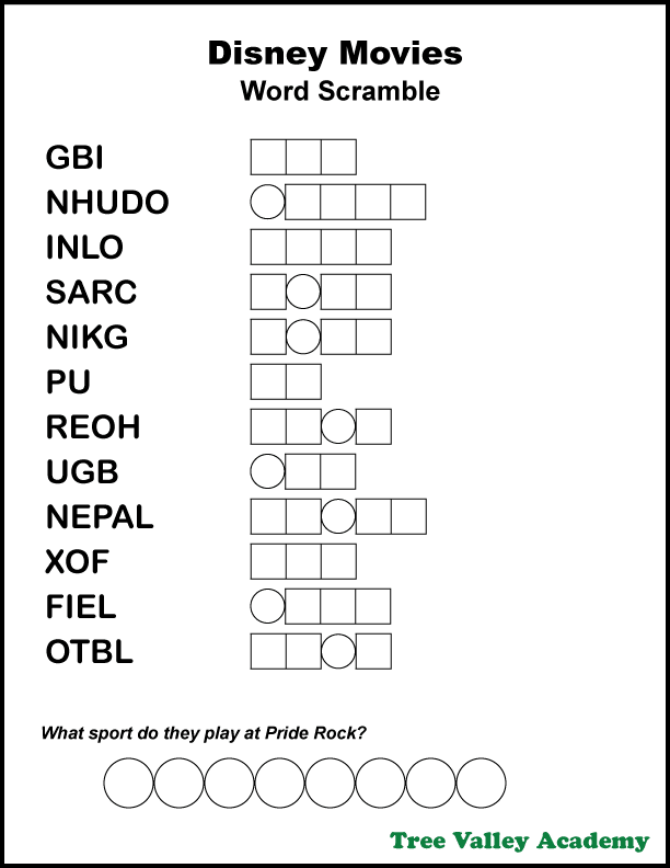 Free printable Disney movies word scramble for kids. Kids will be able to work on a Disney themed 2nd grade spelling list with this printable word puzzle. Once jumbled words are unscrambled, the answer to a Disney movie riddle will be revealed. Pdf includes answer sheet. #disneymovies #wordscramble #homeschool #spellingactivity