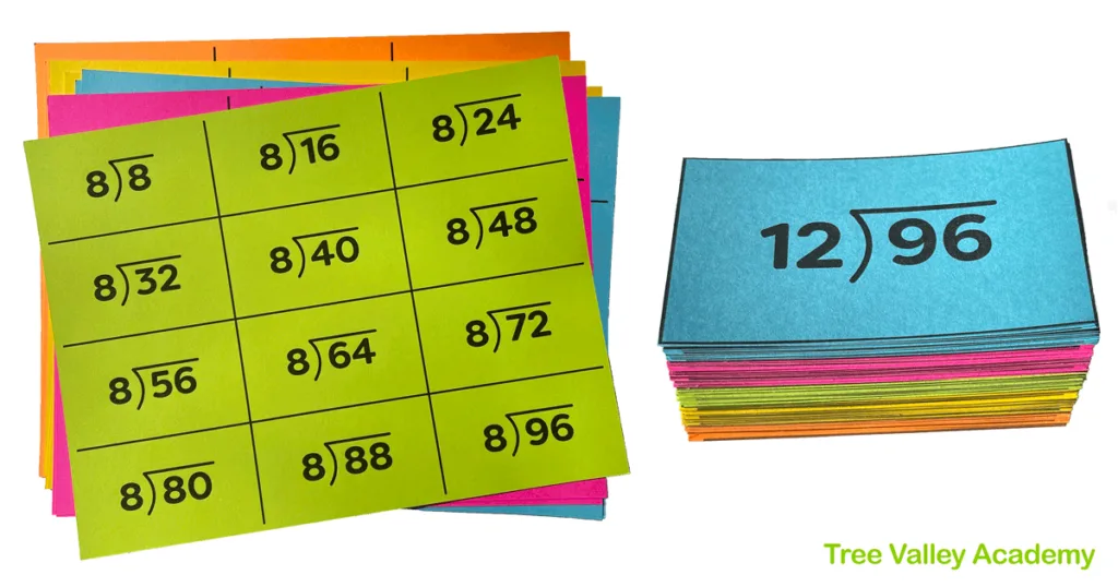 13 sheets of card stock with 12 horizontal division flashcards per page. Use scissors to cut out and have division flashcards for 0-12. Each flashcard looks like a long division problem. It has the divisor to the left of the long division sign, with the dividend underneath. Free printable pdf.