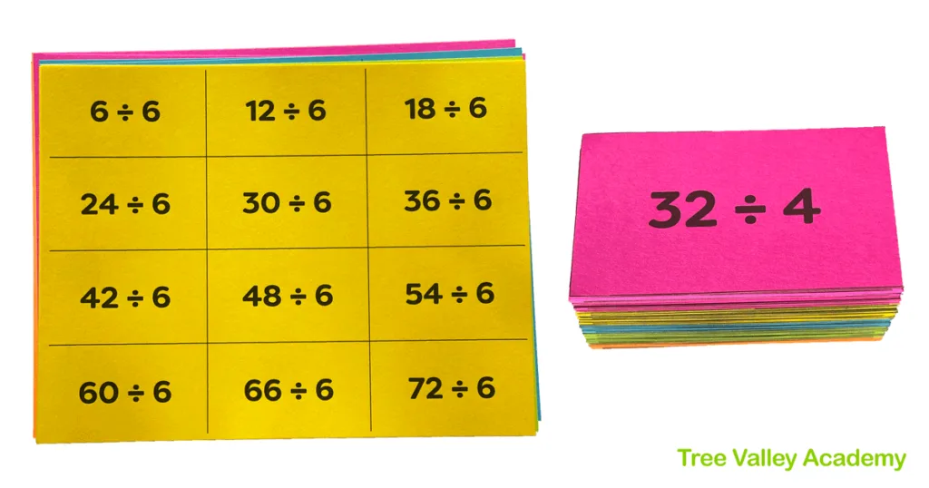13 sheets of card stock with printed division flashcards. 12 horizontal flash cards per page. Use scissors to cut out and have division flashcards for 0-12. It has the dividend, followed by the division symbol, and then the divisor. The division sign of these free printable math flashcards is the line with a dot over and under the line.