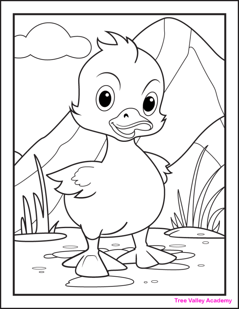 A printable duckling coloring page for kids. The baby duck is standing on the dirt ground. There are also rocks, grass, a mountain, and a sky to color.