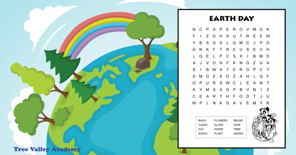 Free printable easy Earth Day word search for kids. Black and white printable has 12 hidden words to find in a 12 X 12 grid of letters. There's an image for kids to color of 2 animals watering plants and flowers on a globe. Ideal for early elementary aged kids around 1st or 2nd grade.
