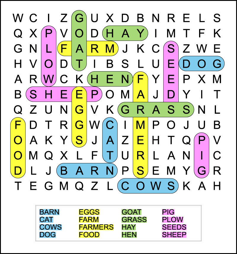 A color-coded answer key for an easy farm word search. The 2nd grade puzzle has 16 hidden words in a 12 X 14 grid of uppercase letters.