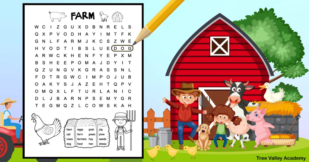 A black and white printable easy farm word search for kids. The puzzle is decorated with images that kids can color: pictures of a pig, sheep, barn, chicken, hay bale, and a farmer holding a pitchfork. The puzzle has 16 hidden easy farm words in a 12 X 14 grid of uppercase letters — words like dog, pig, sheep, and barn.