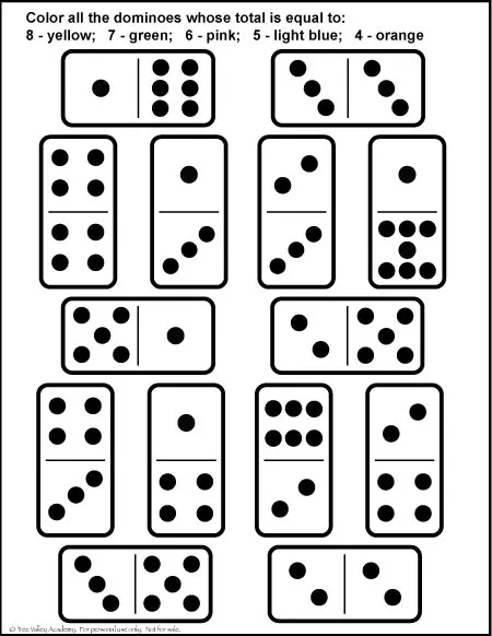 Free printable domino number bonds worksheet for kids. A fun coloring math worksheet for kindergarten or grade 1 students to practice number Bonds of 4, 5, 6, 7 & 8. #math