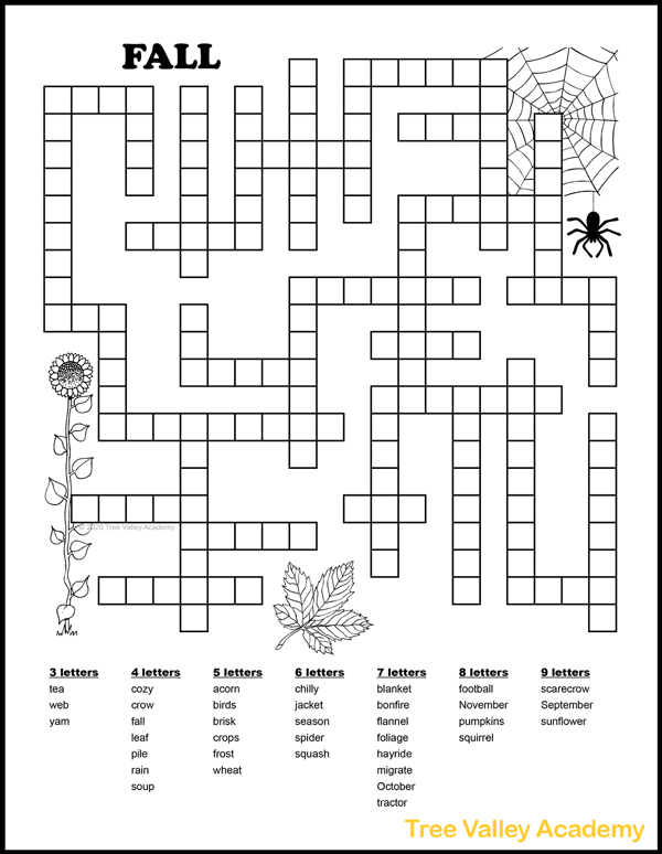 Fall fill in puzzle for kids with 36 autumn themed words to fit in the puzzle. A spider and its web, a sunflower, and a maple leaf decorate the puzzle. Perfect printable fall activity especially good for the months of October or November.