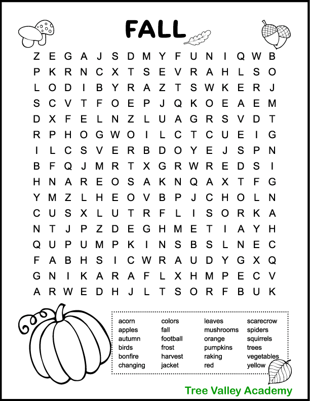 Free printable fall word search for kids with 24 hidden autumn themed words to find. The printable activity has some images for kids to color if desired: a pumpkin, 2 acorns, 2 mushrooms, and 2 leaves.