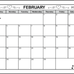 A full page printable February 2024 calendar. The black and white page calendar has cute heart decorative images. And there are 2 spaces for writing notes. The blank February 2024 calendar is landscape orientation on letter sized paper.